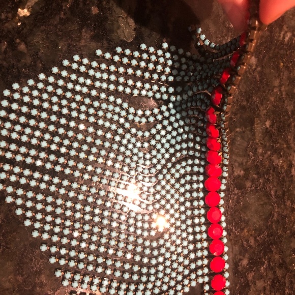 RED BLUE BEED FRINGE NECKLACE CHOKER - Picture 4 of 5